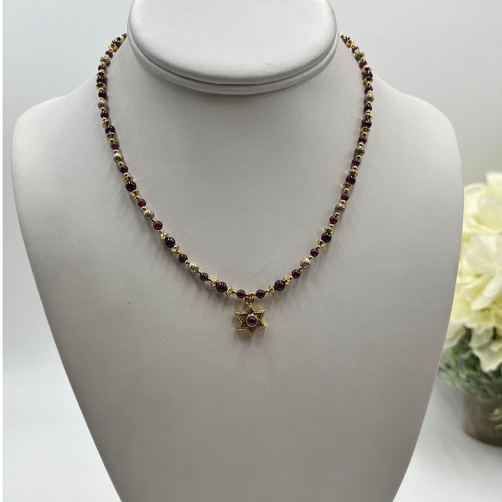Michal Golan Vintage Red Beaded Garnet Star‎ David Pendant Gold Plated Necklace